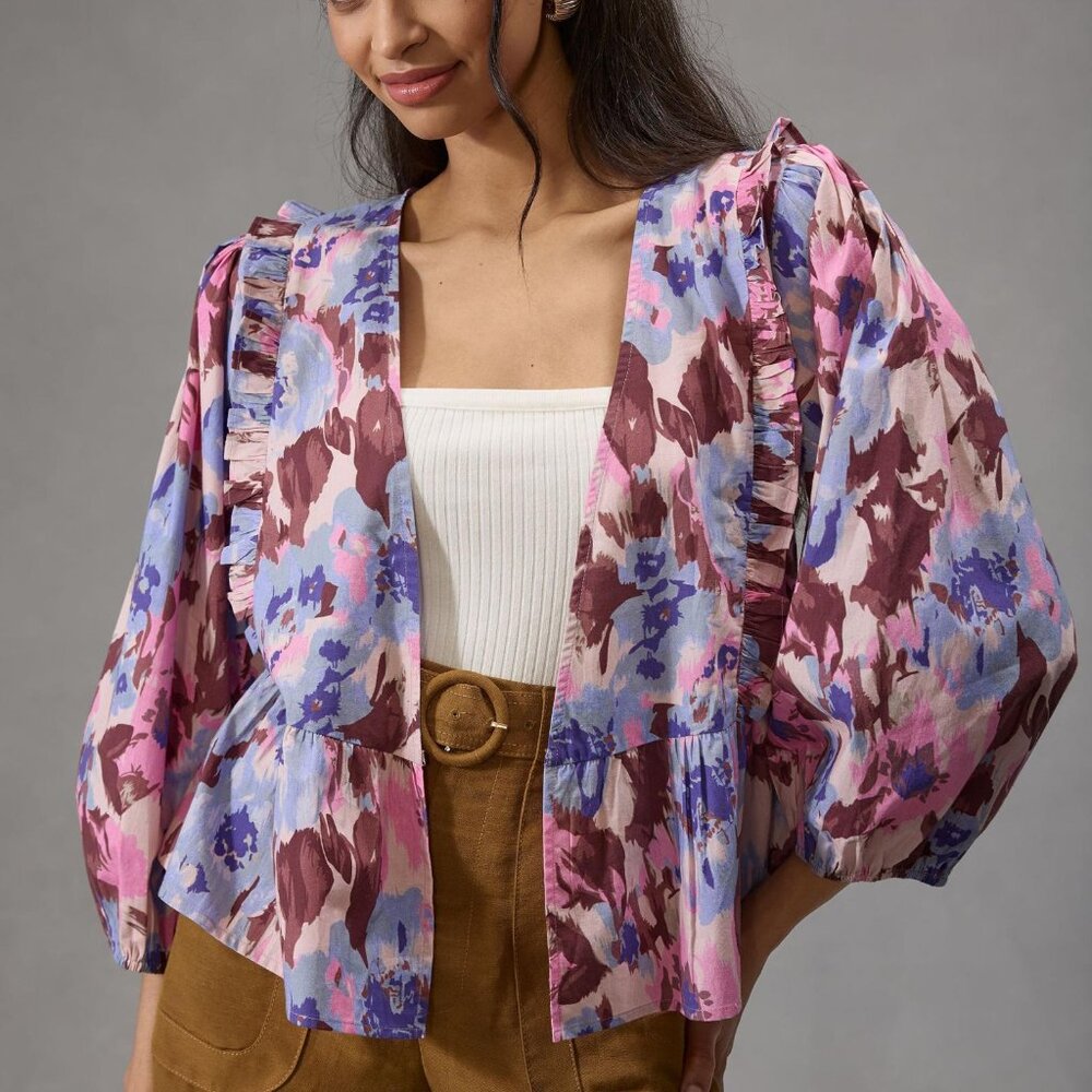 Women's Anthropologie ELIZABETH GILLETT Ruffled Cropped Kimono Jacket One Size